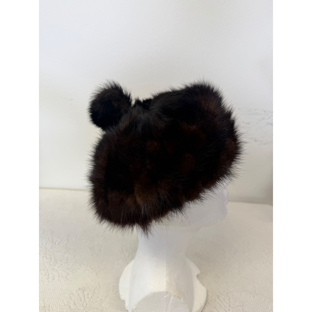 Vintage Macys New York Dark Brown Mink Fur Pillbox Hat with Pom Pom Detail
